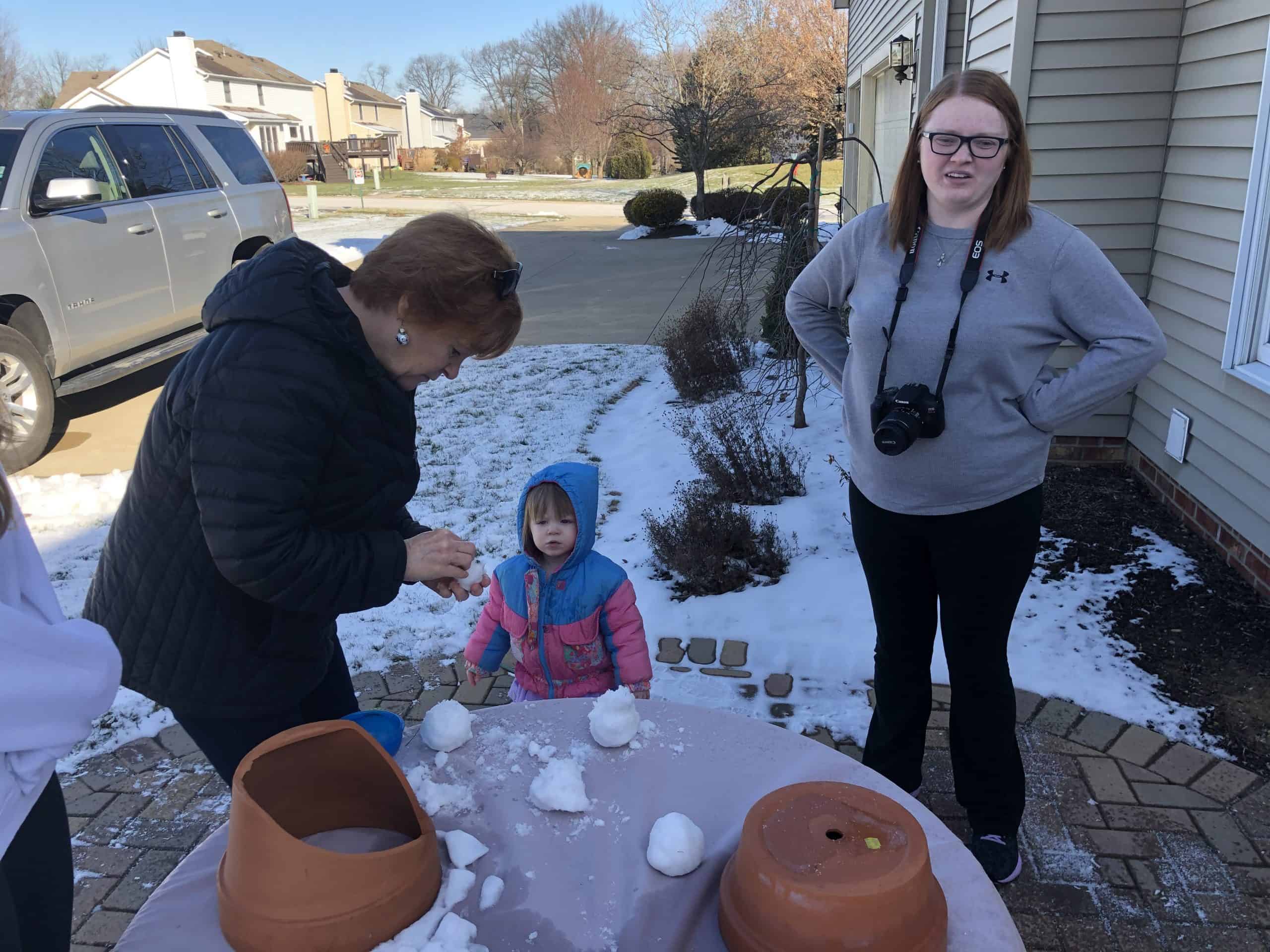 Rachel with my sister Linda making a snowman